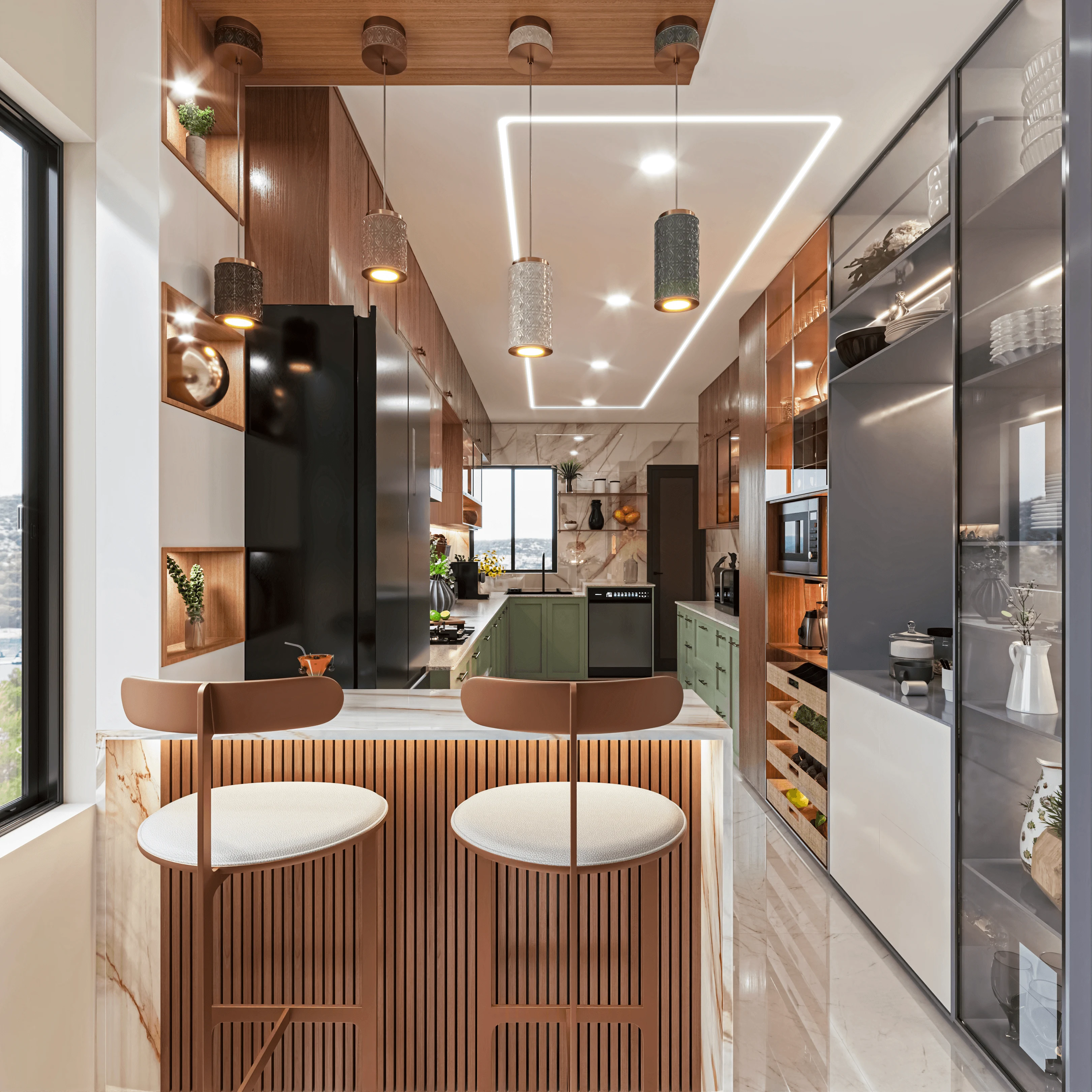 Dining area detail showing material quality and lighting layers, Studio Contour New Town project