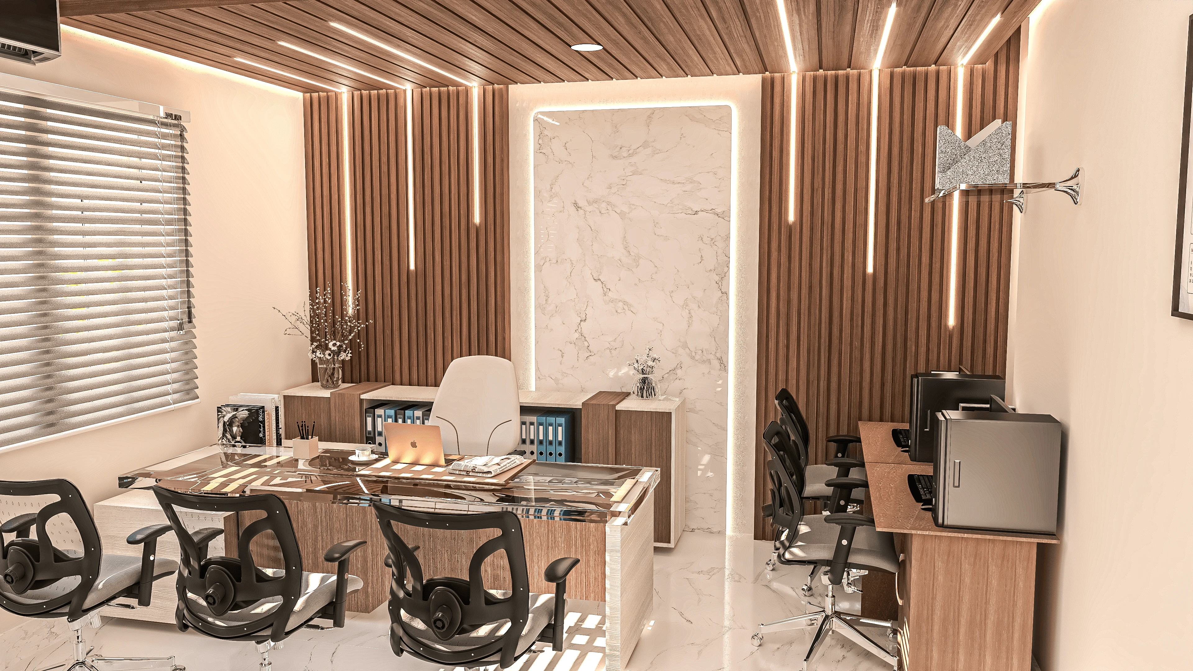 Interior view of a Studio Contour bungalow showing daylight and material palette