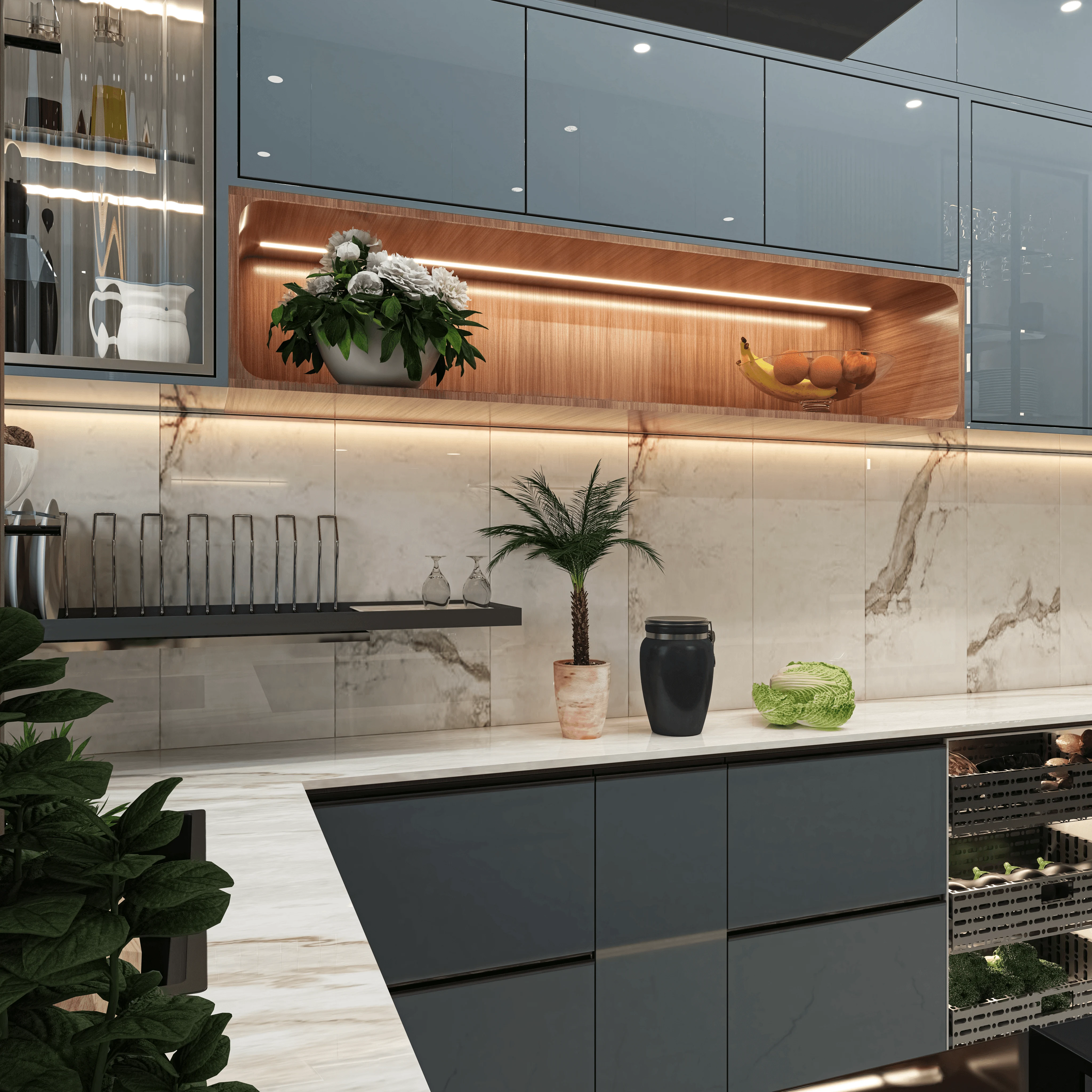 Bedroom interior in a New Town home showing material palette and lighting design