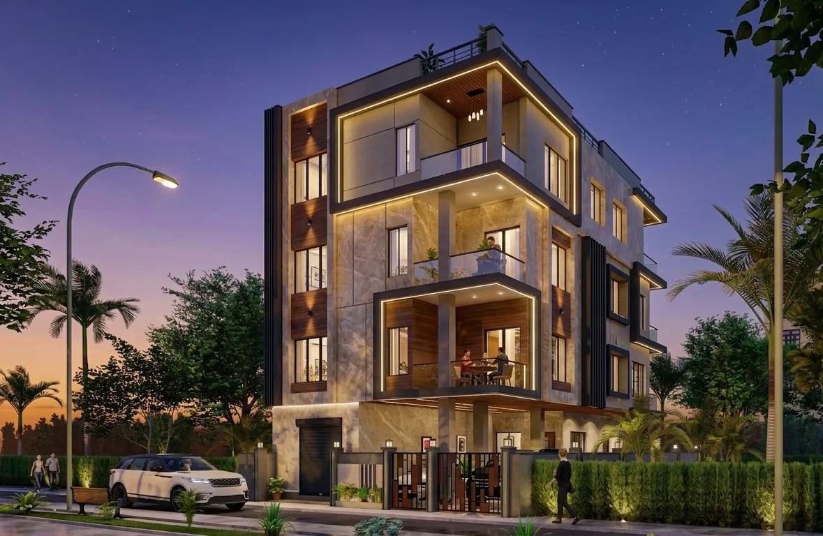 A Studio Contour residential building in New Town, Kolkata, showing a modern balcony facade along a quiet AA-2 street.