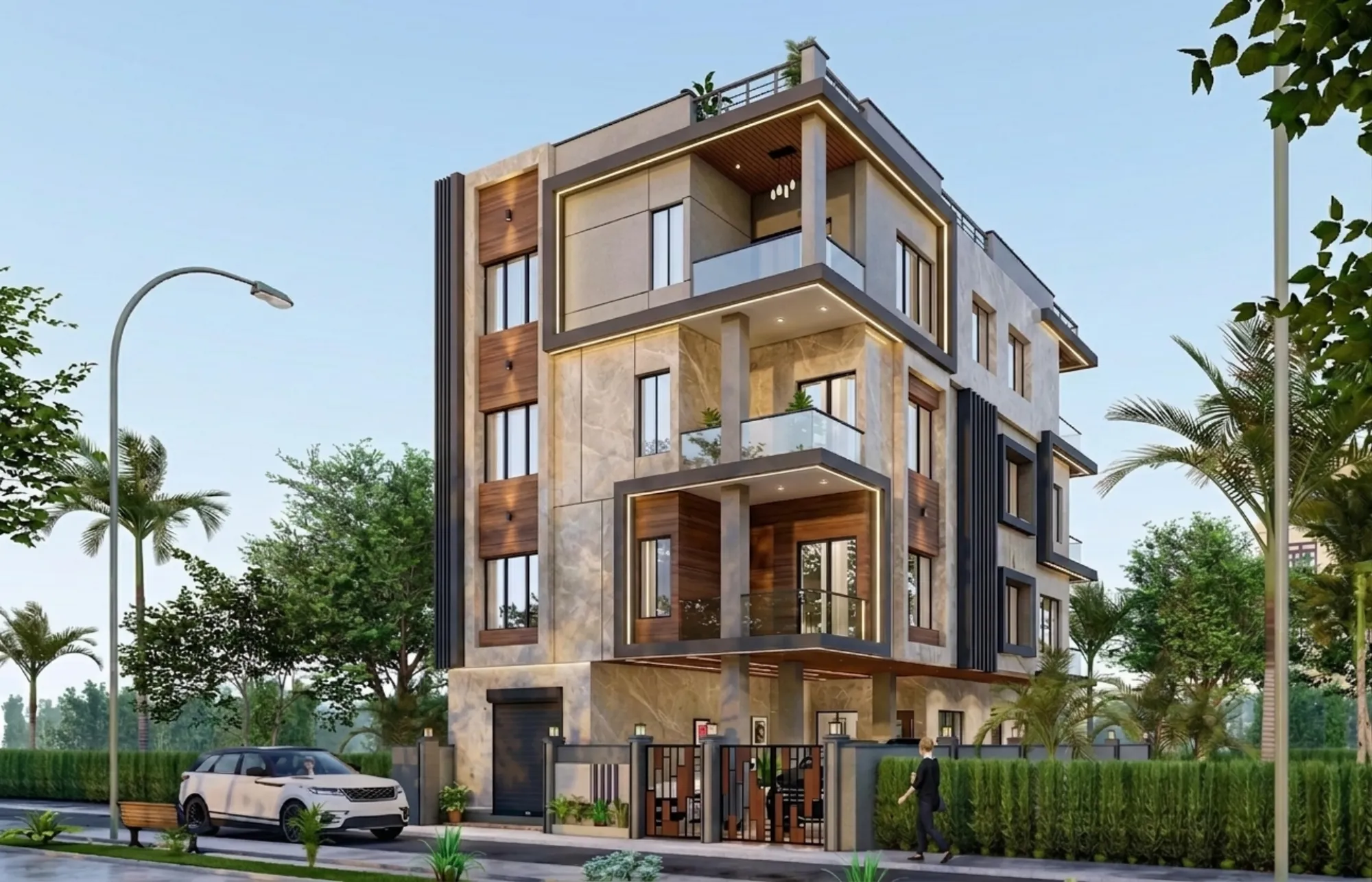 A Studio Contour residential building in New Town Action Area I, its layered concrete facade, recessed balconies and timber screening visible along the street front.