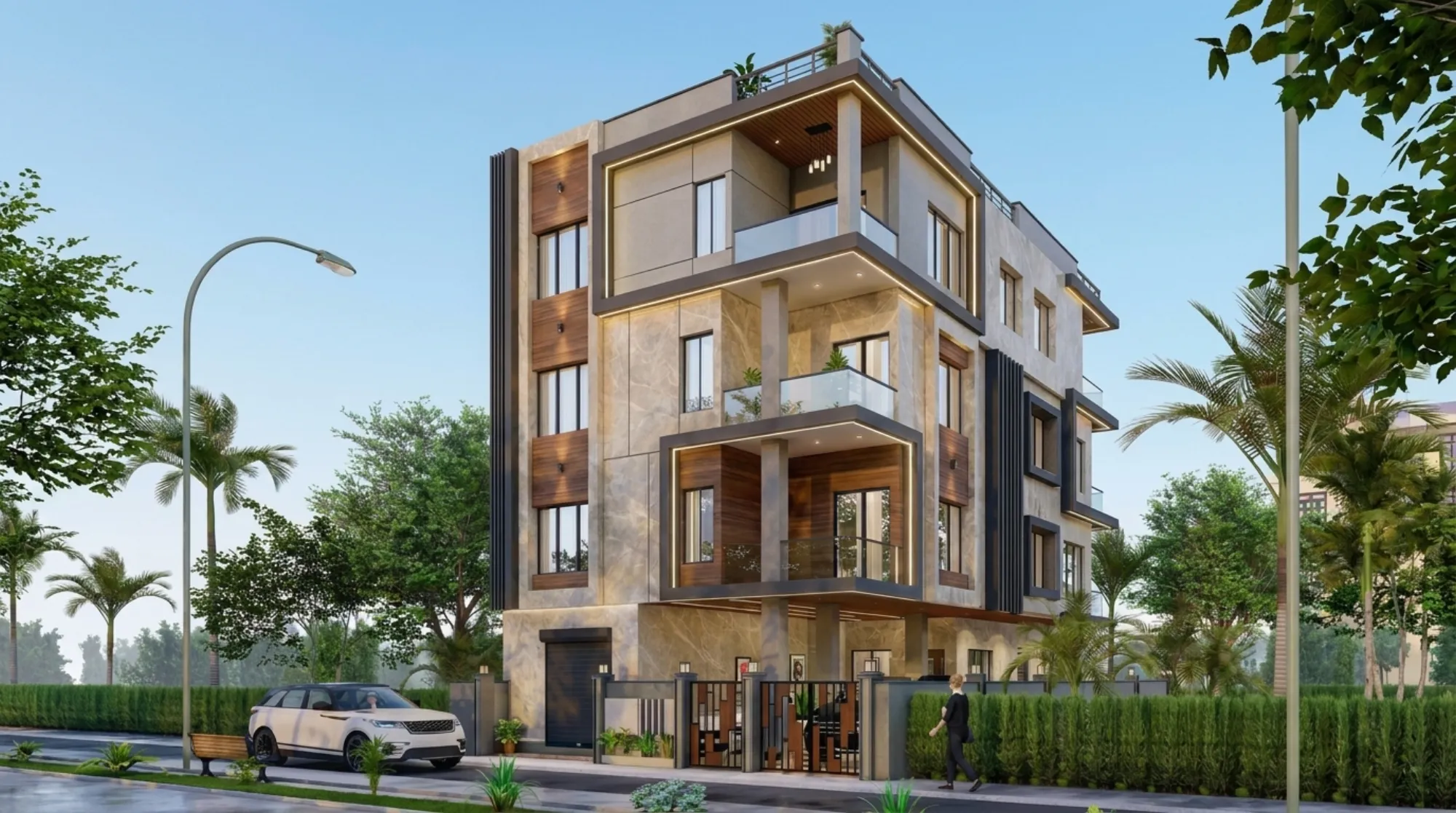 A Studio Contour-designed residential building in New Town, Kolkata, with a layered concrete facade, deep balconies and landscaped street-facing entrance.