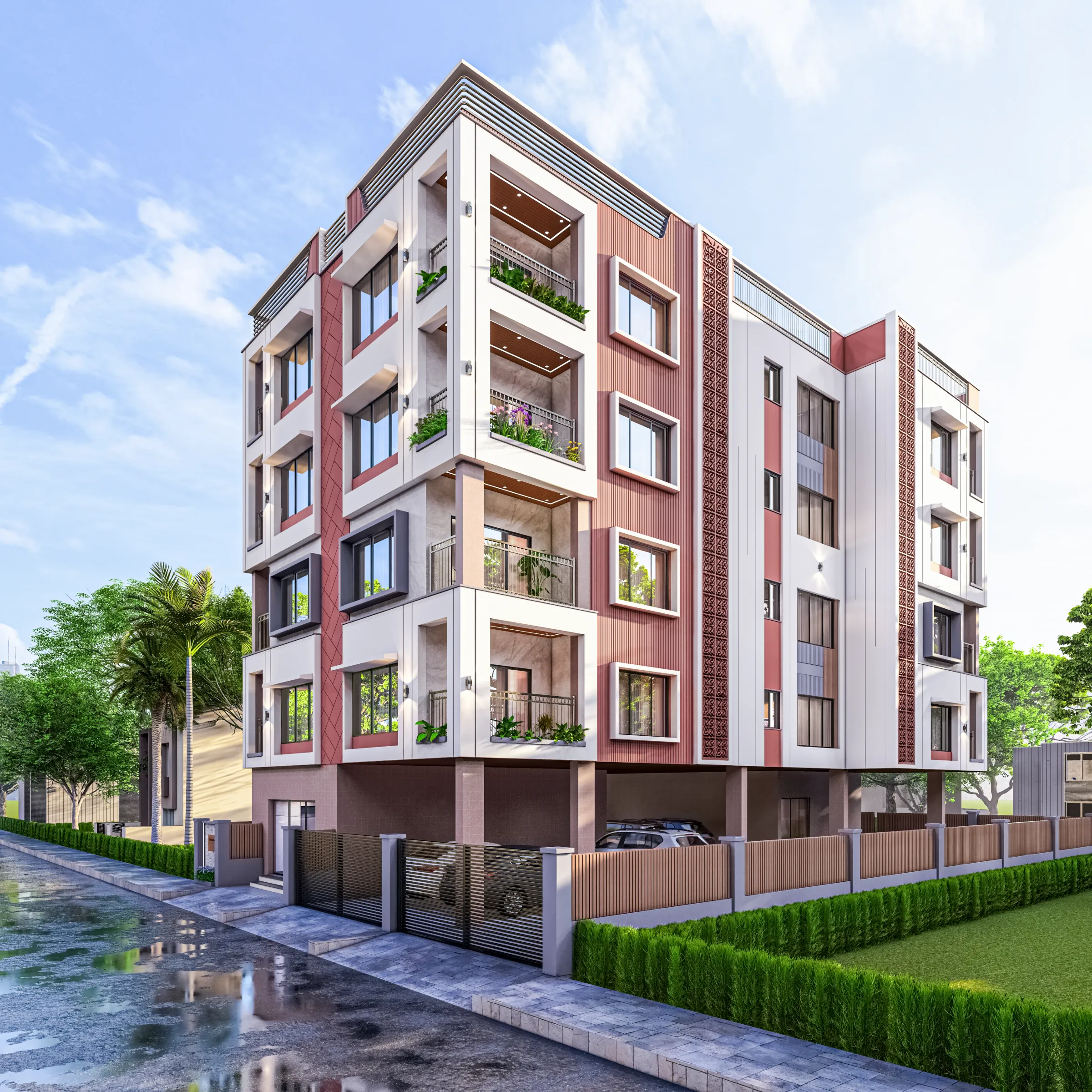 A Studio Contour residential building in New Town with a clean contemporary facade, layered balconies, and a landscaped street-facing entrance.