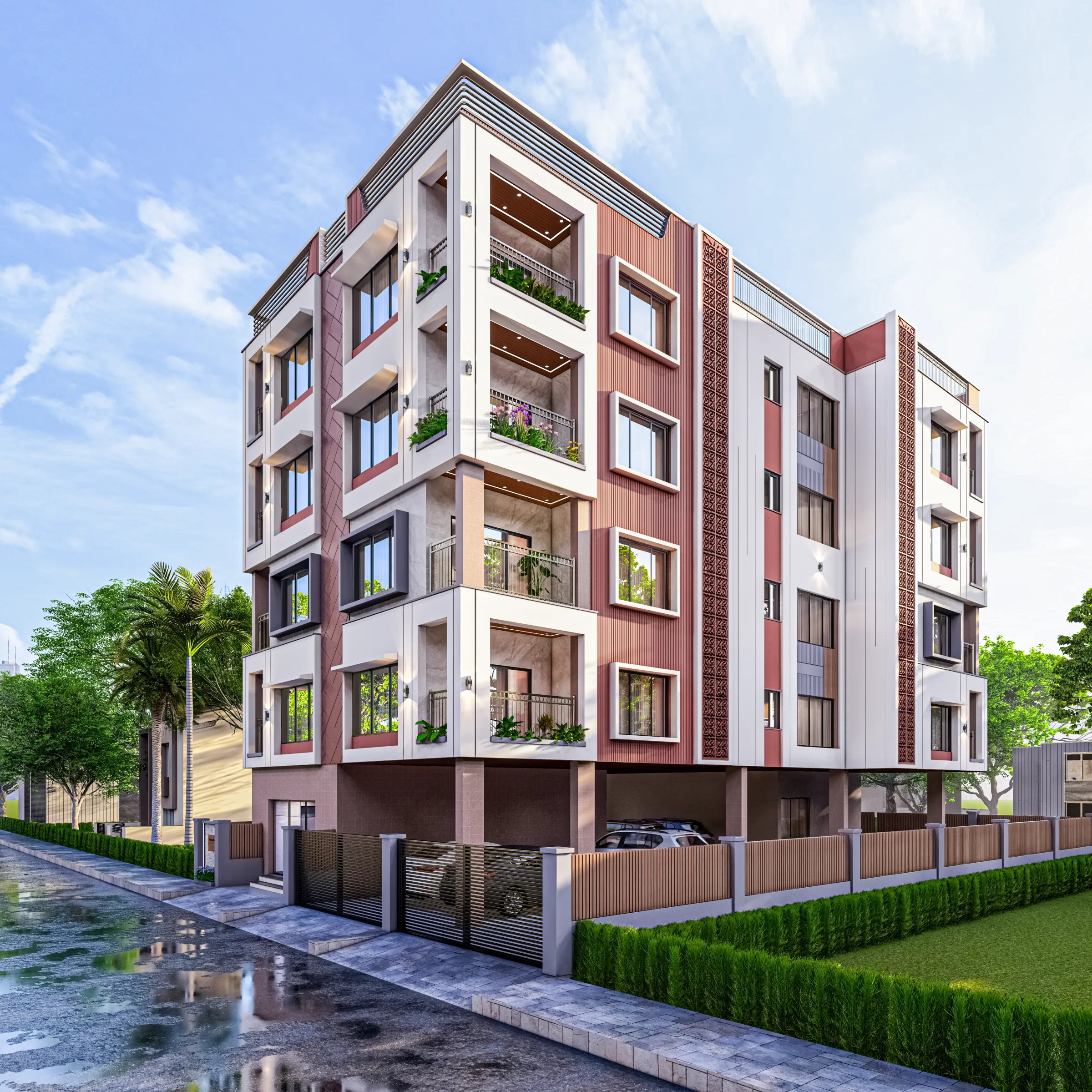 Exterior elevation of a Studio Contour residence in New Town's Action Area 1, showing the completed facade and finish work discussed with the client vendor by vendor