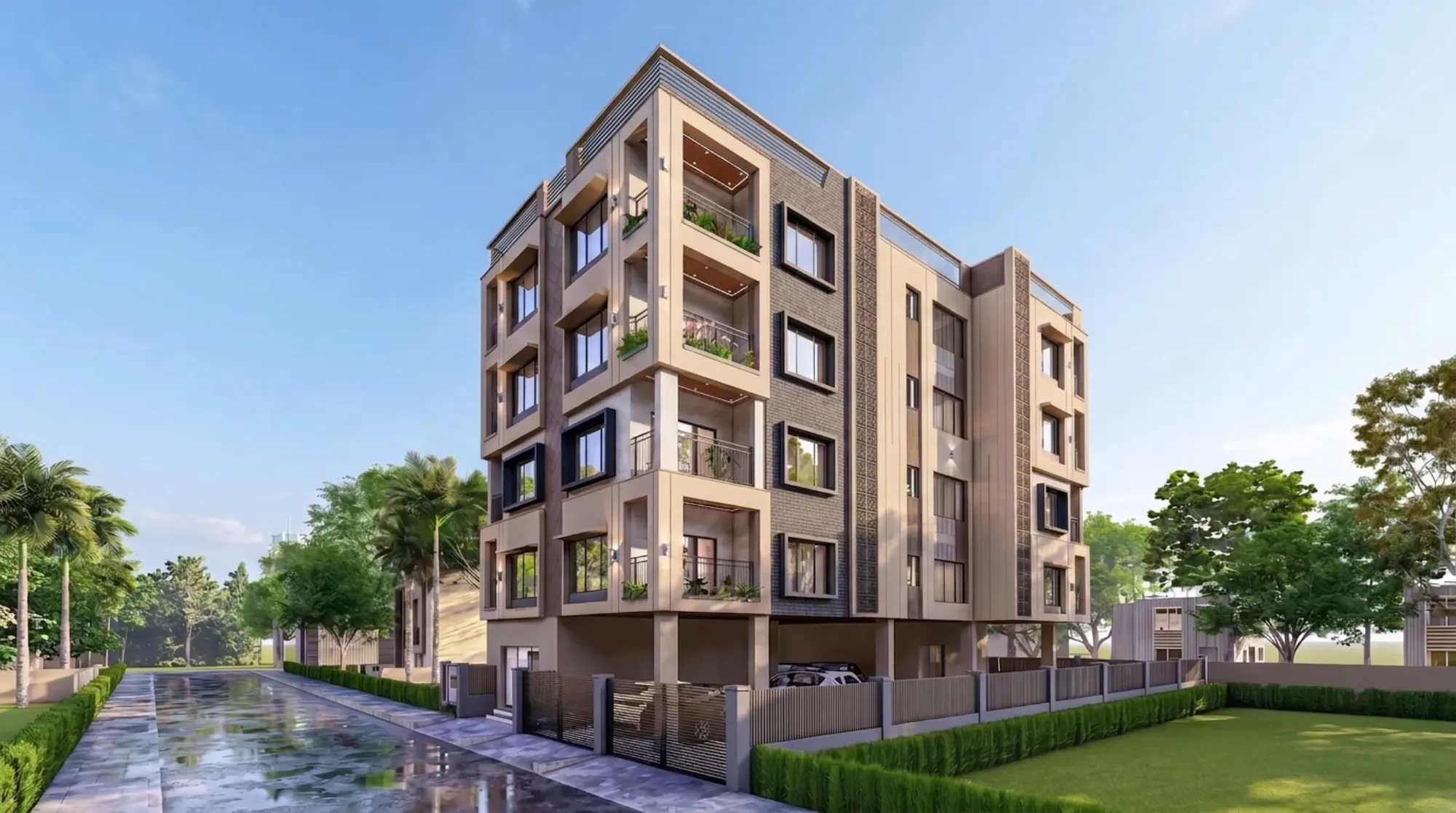 Facade of a Studio Contour residential highrise in New Town Kolkata, with staggered balconies and a warm grey elevation.