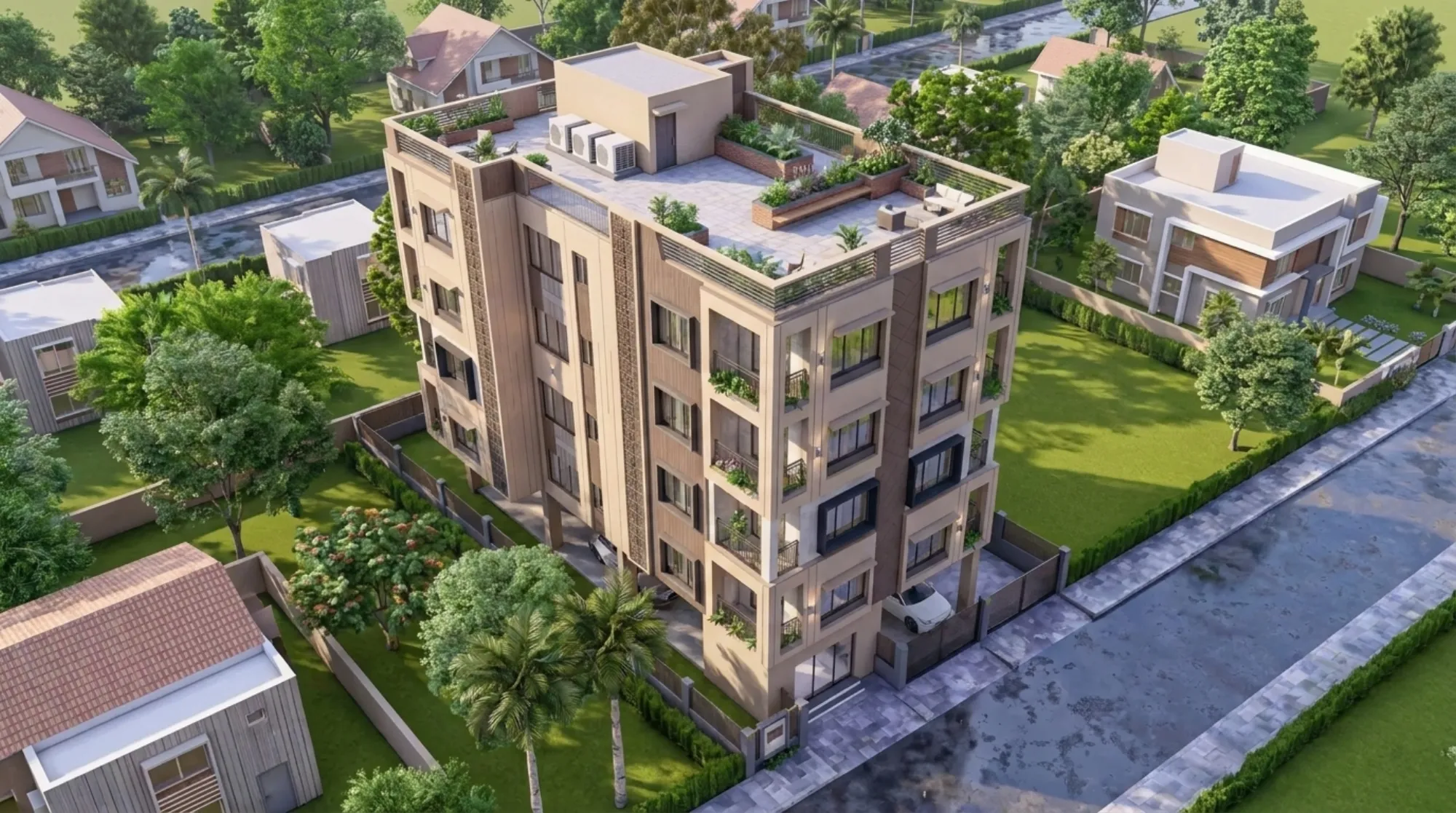 A Studio Contour residential building facade in New Town, Kolkata, showing balcony detailing and streetscape typical of our Action Area I projects
