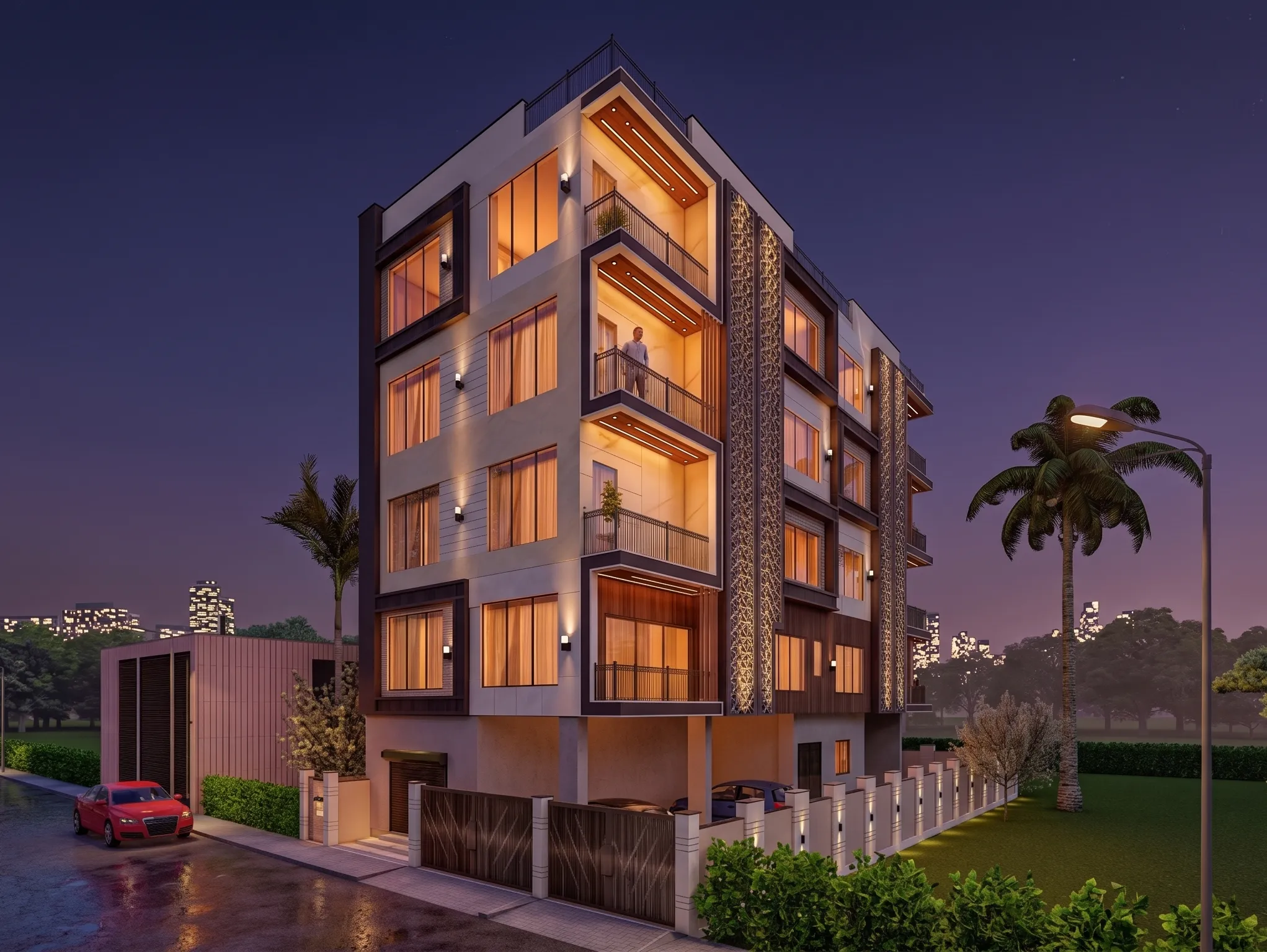 A Studio Contour residential building facade with layered balconies and a landscaped setback, one of 330+ projects delivered across New Town and Salt Lake, Kolkata.