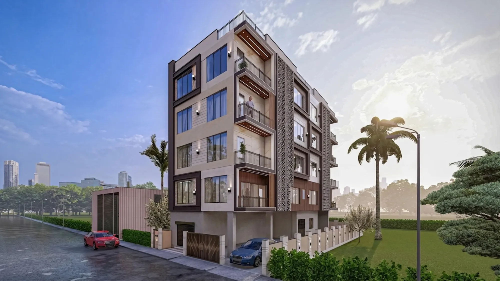 A Studio Contour residential building in New Town's Action Area II, showing a layered concrete-and-glass facade with recessed balconies along the sector street.