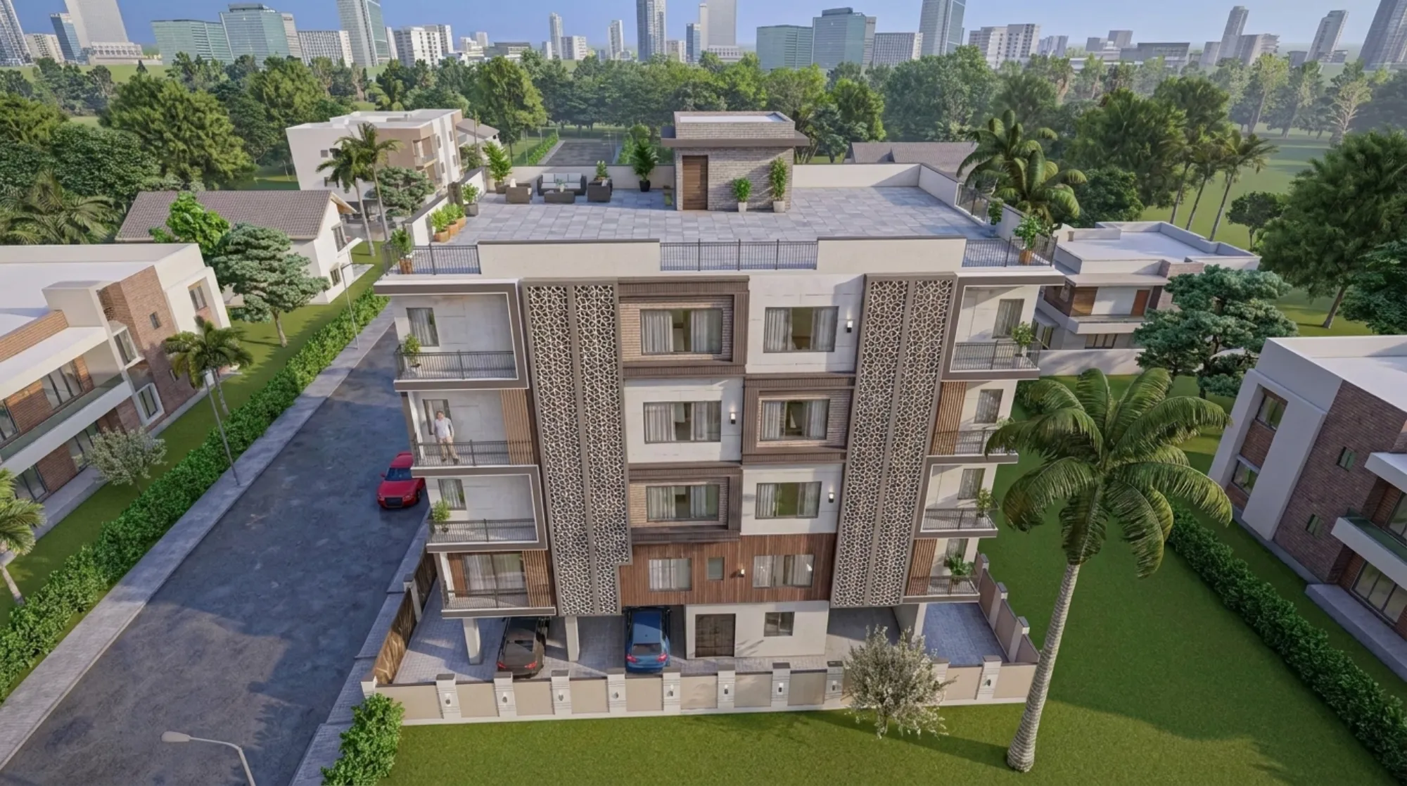 Exterior view of a Studio Contour residence in Action Area II, New Town, showing passive shading elements and orientation-led design