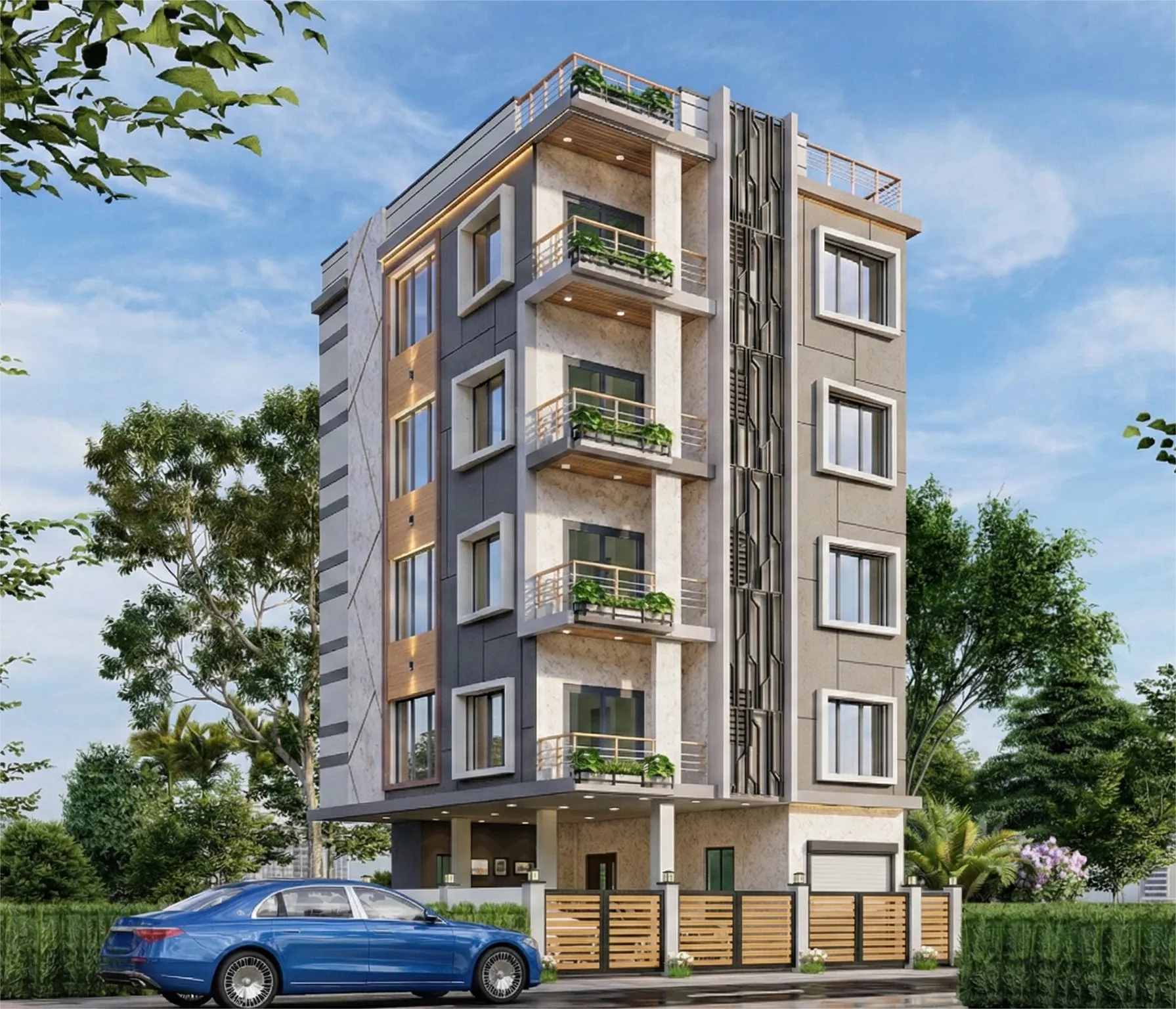 Exterior view of a Studio Contour residential building in DE Block, New Town, showing the tower's facade and street-level entrance.