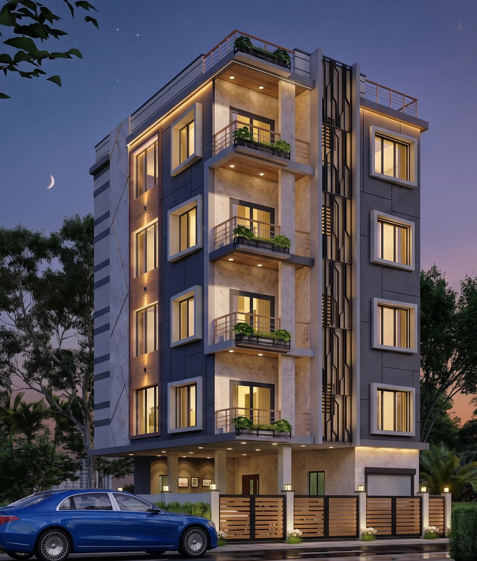 A Studio Contour residential building in New Town, Kolkata, showing a contemporary layered facade, recessed balconies, and a landscaped street-facing entrance.