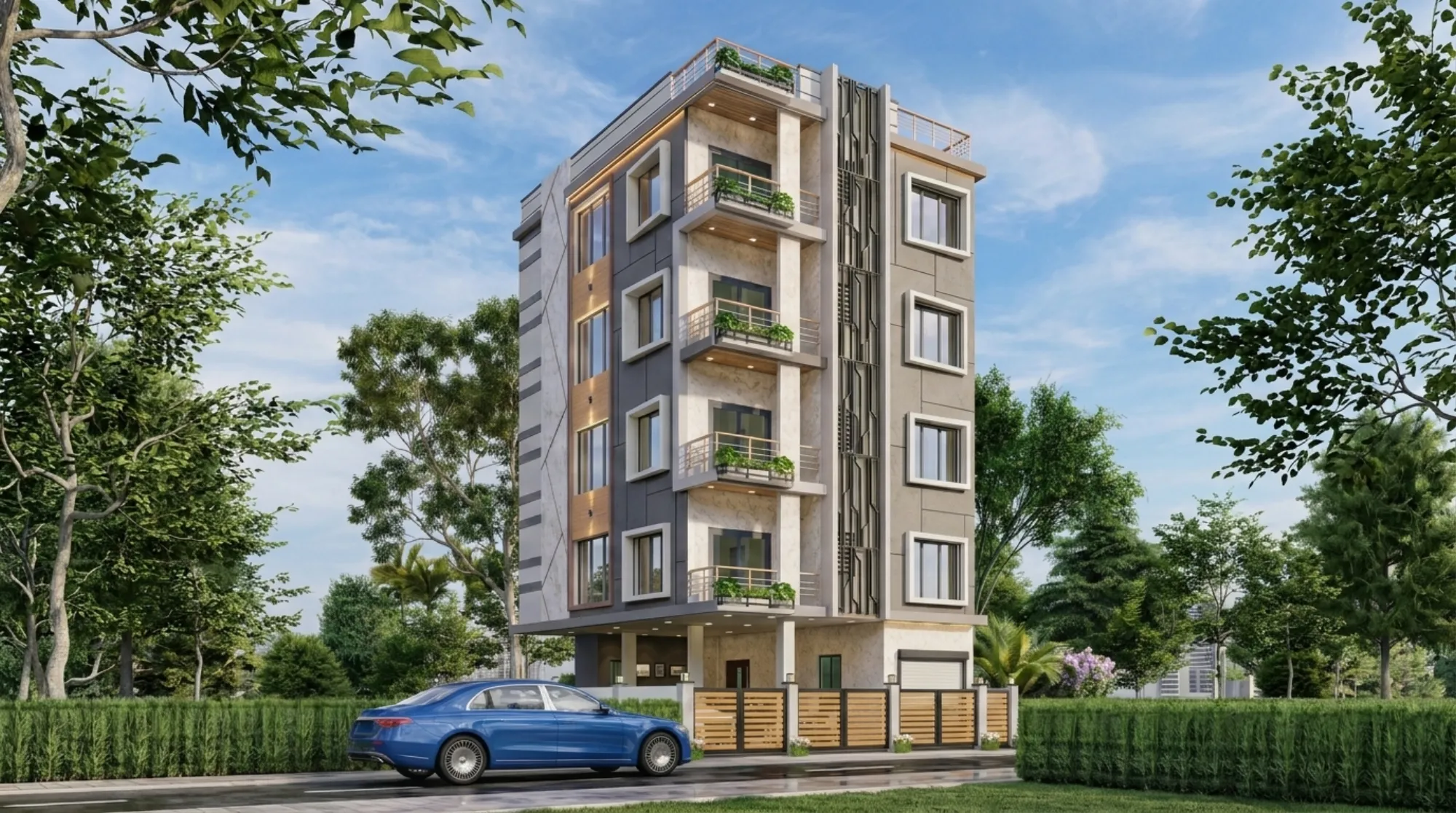 Exterior facade of a Studio Contour residential building in New Town Kolkata showing balcony detailing and landscaped street frontage