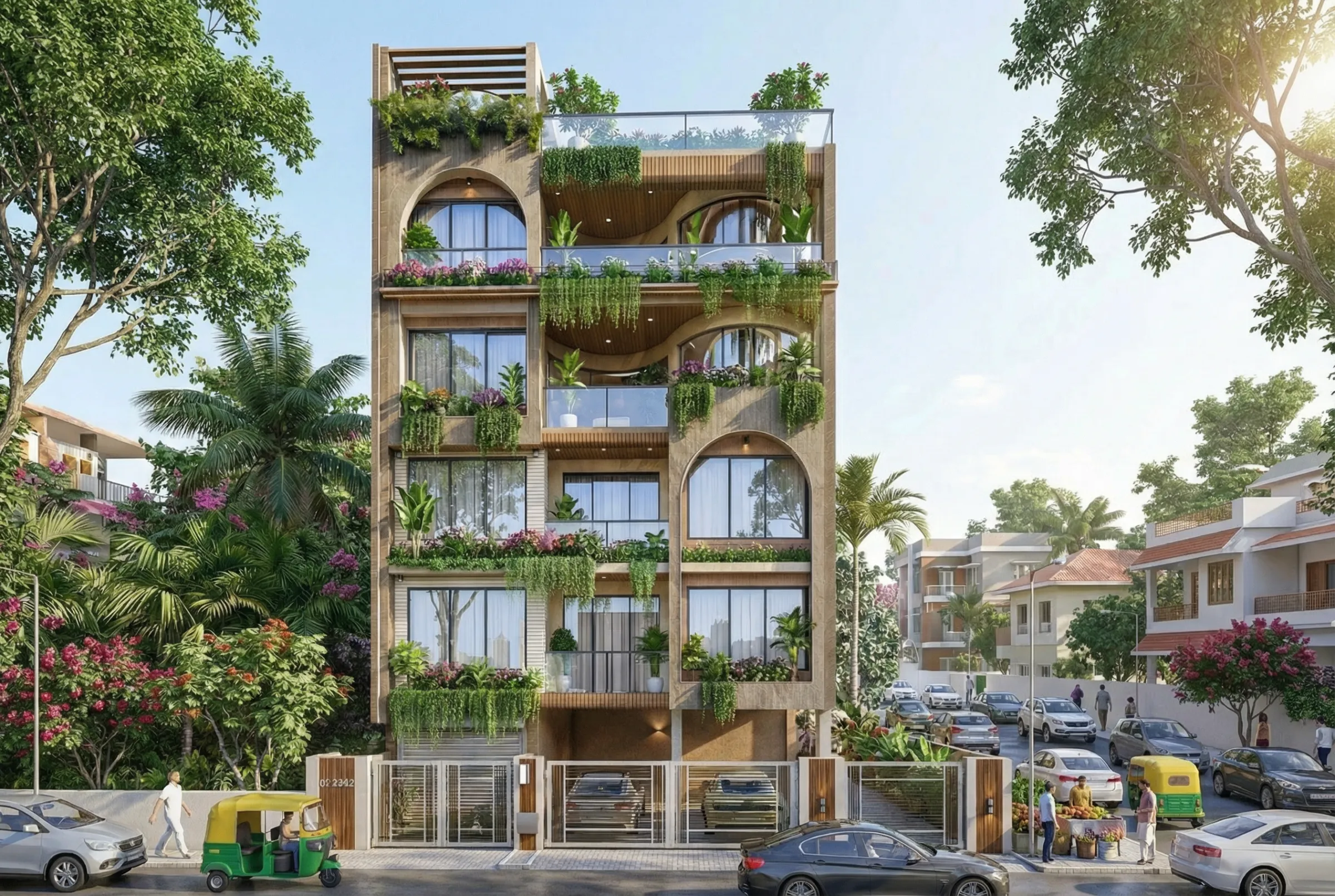 A Studio Contour-designed residential building facade in New Town, Kolkata, showing layered balconies and a landscaped street-level entrance.