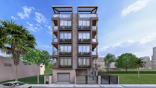 A Studio Contour residential building in New Town with a clean stacked-balcony facade fronting the street.