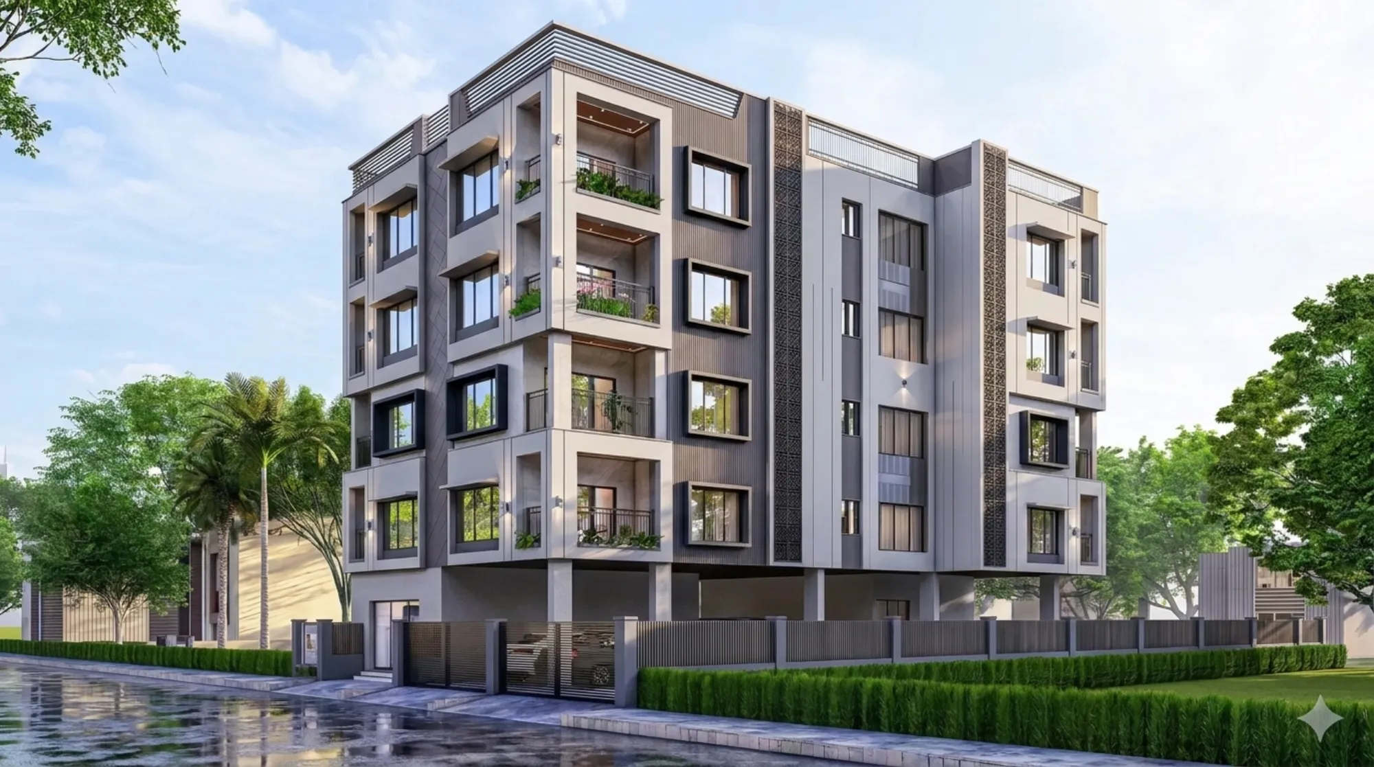 A Studio Contour residential building in New Town with a clean concrete-and-glass facade, layered balconies, and a landscaped street-facing entrance.