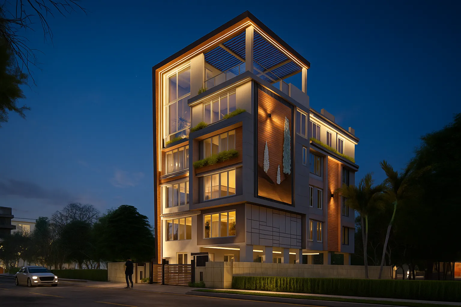 A Studio Contour residential building in New Town with a clean layered facade, private balconies, and a landscaped street-facing frontage.