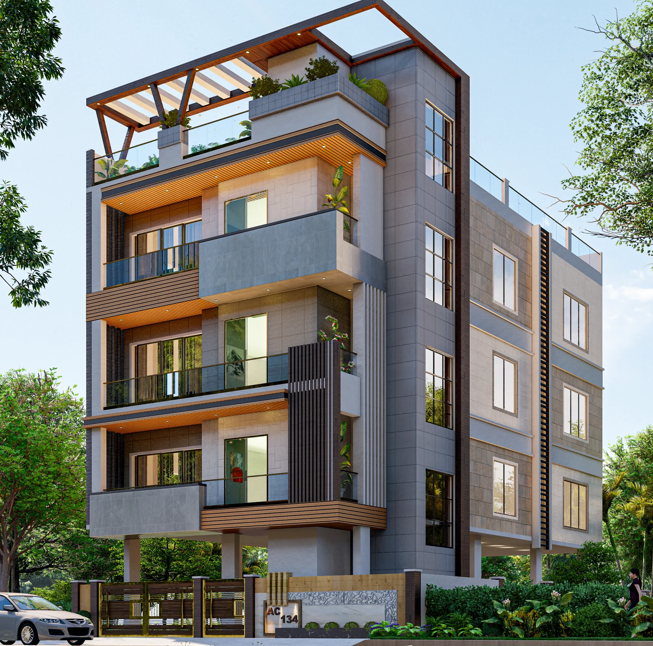 A Studio Contour residential building in Salt Lake with a clean concrete facade, layered balconies, and street-facing entry.