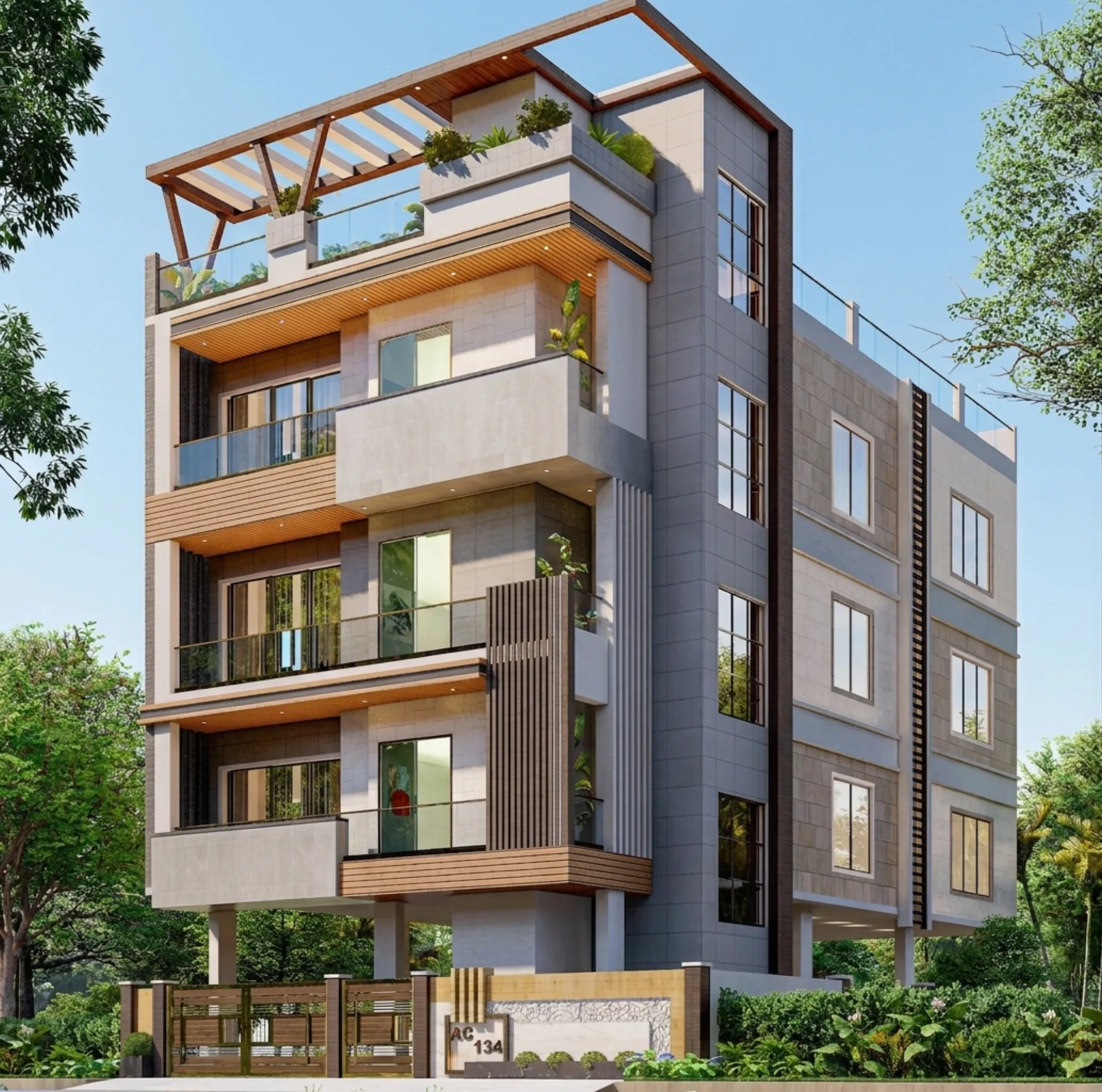 A Studio Contour residential duplex in Salt Lake, Kolkata, showing a layered concrete facade with private balconies facing the street.