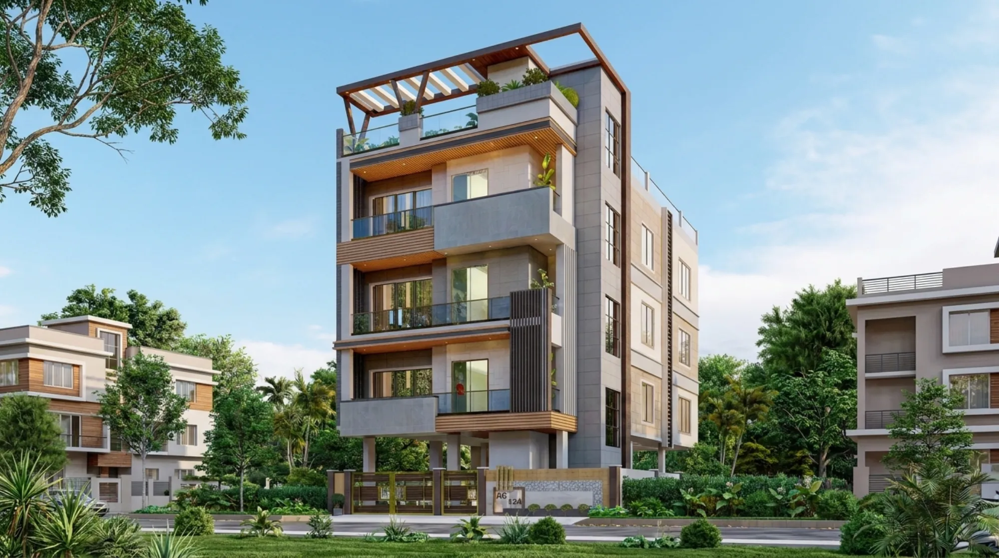 A Studio Contour building across New Town and Salt Lake, Kolkata, showing the layered facade, recessed balconies, and streetscape proportions typical of both neighbourhoods.