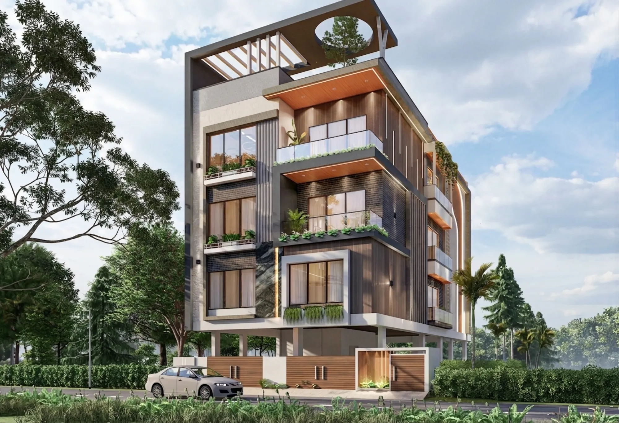 Exterior render of Studio Contour's CJ Block residence in Salt Lake, showing the finished facade and landscaped approach