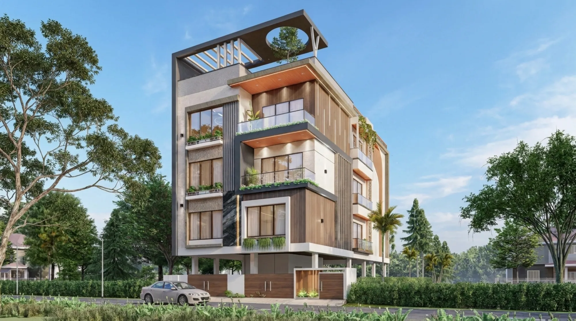 A Studio Contour residential building in Salt Lake, Kolkata, showing a clean concrete facade with recessed balconies and shaded street-level entry.