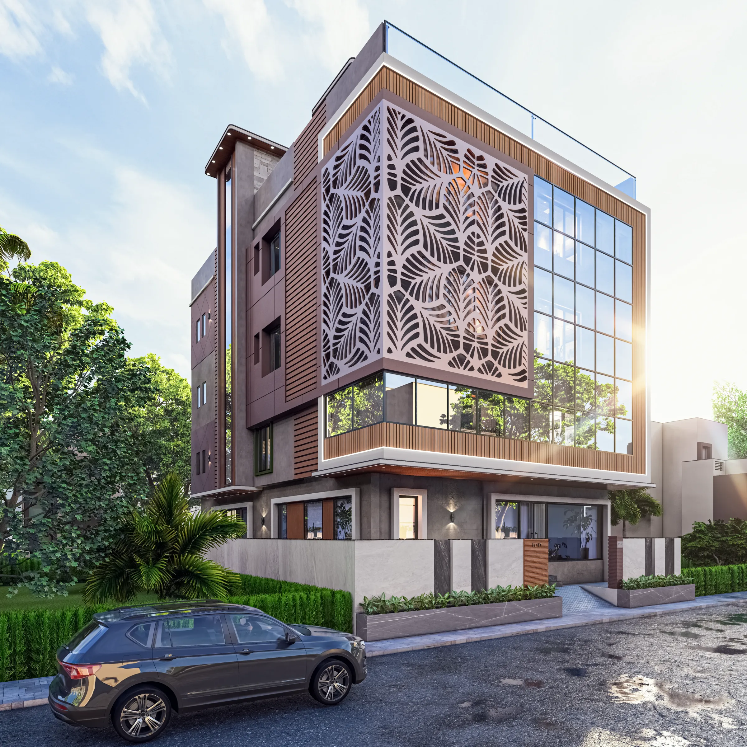 Studio Contour residential building exterior in Salt Lake, Kolkata, showing the completed FD Block ground-plus-two structure with contemporary facade detailing