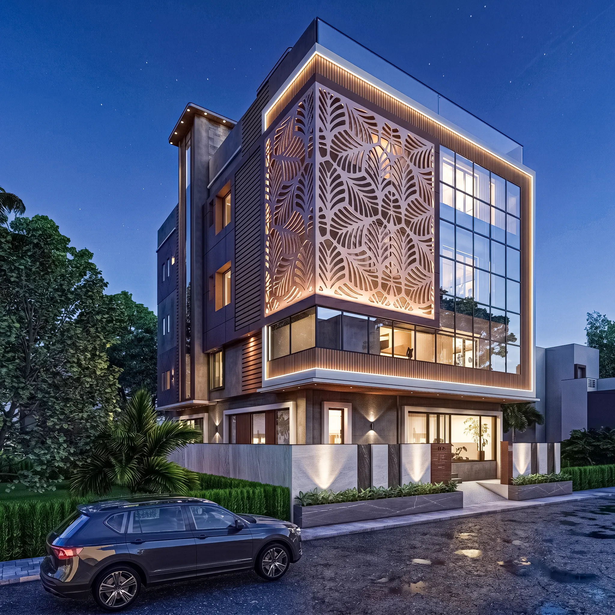 A Studio Contour residential building in FD Block, Salt Lake, with a clean street-facing facade, layered balconies, and a landscaped approach.