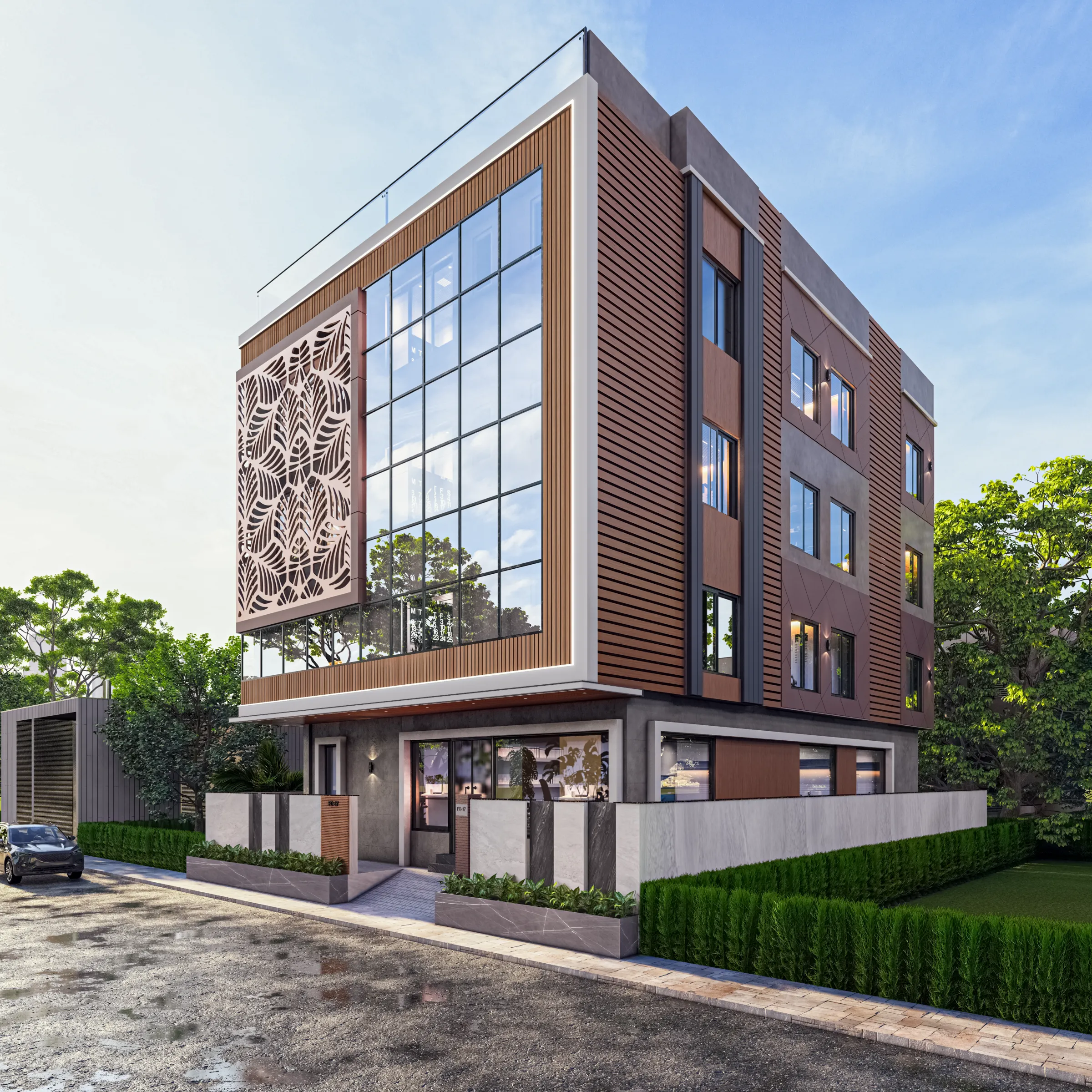 Front elevation of a Studio Contour residential building in Salt Lake, Kolkata, with a layered facade and landscaped setback.