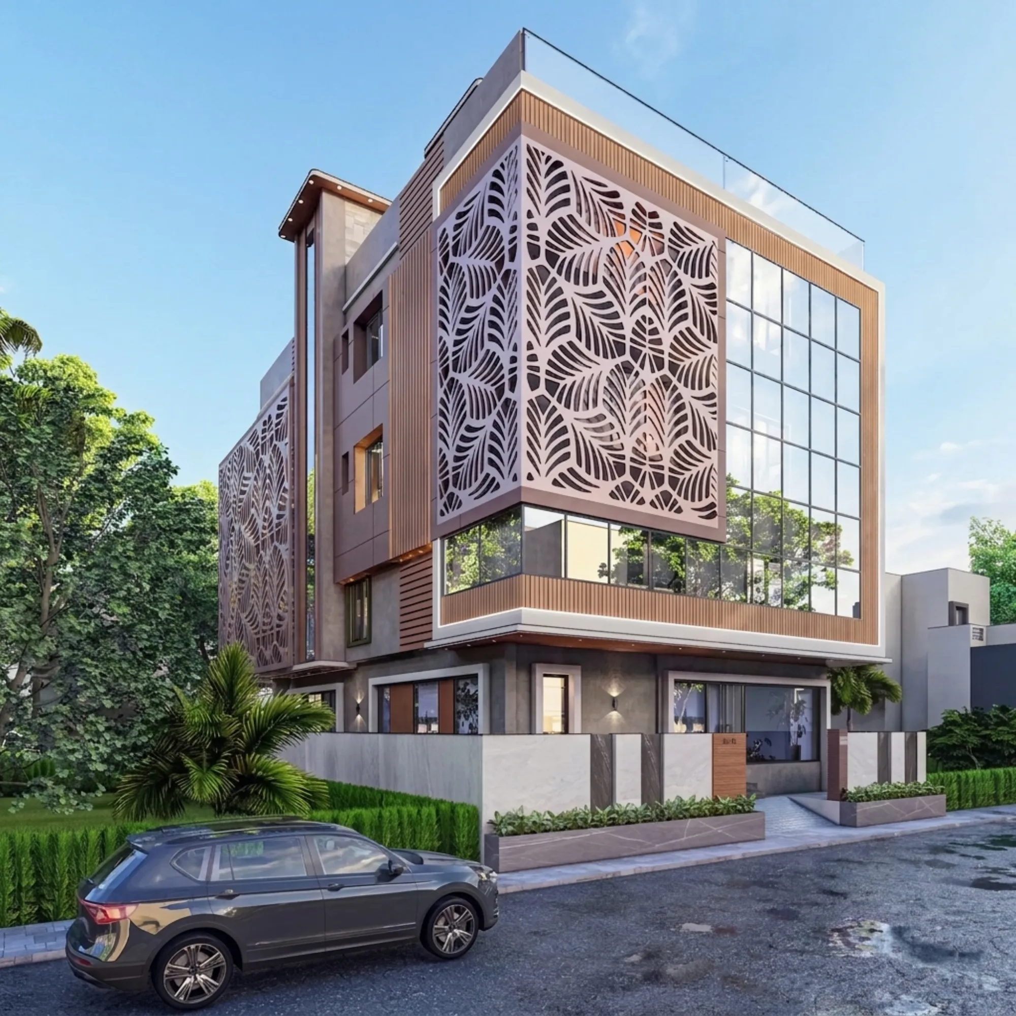 Exterior view of a Studio Contour residence in FD Block, Salt Lake, showing the coordinated facade and landscaping delivered as one project