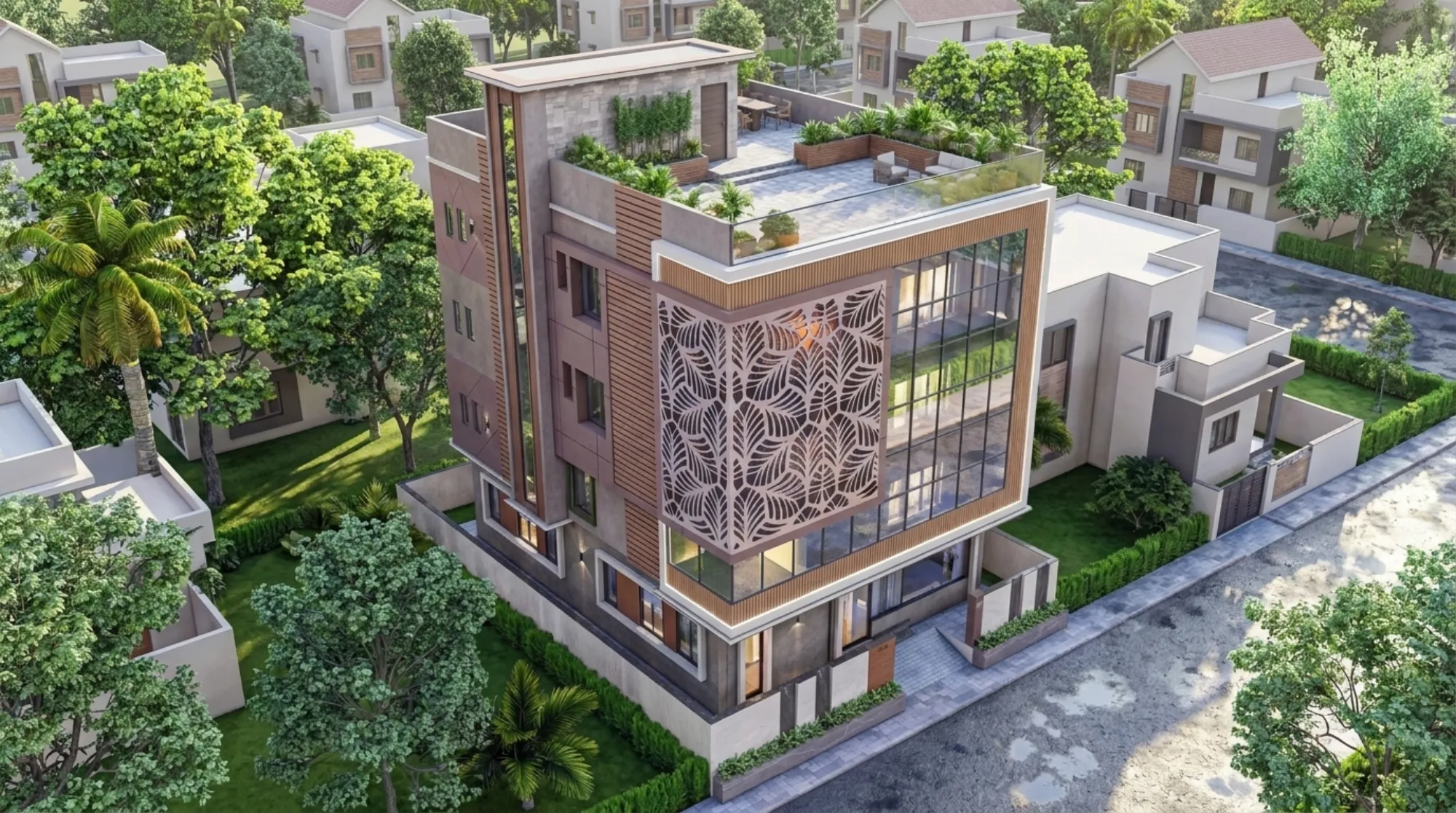 Front elevation of a Studio Contour-designed residential building in FD Block, Salt Lake, showing the completed facade and landscaping