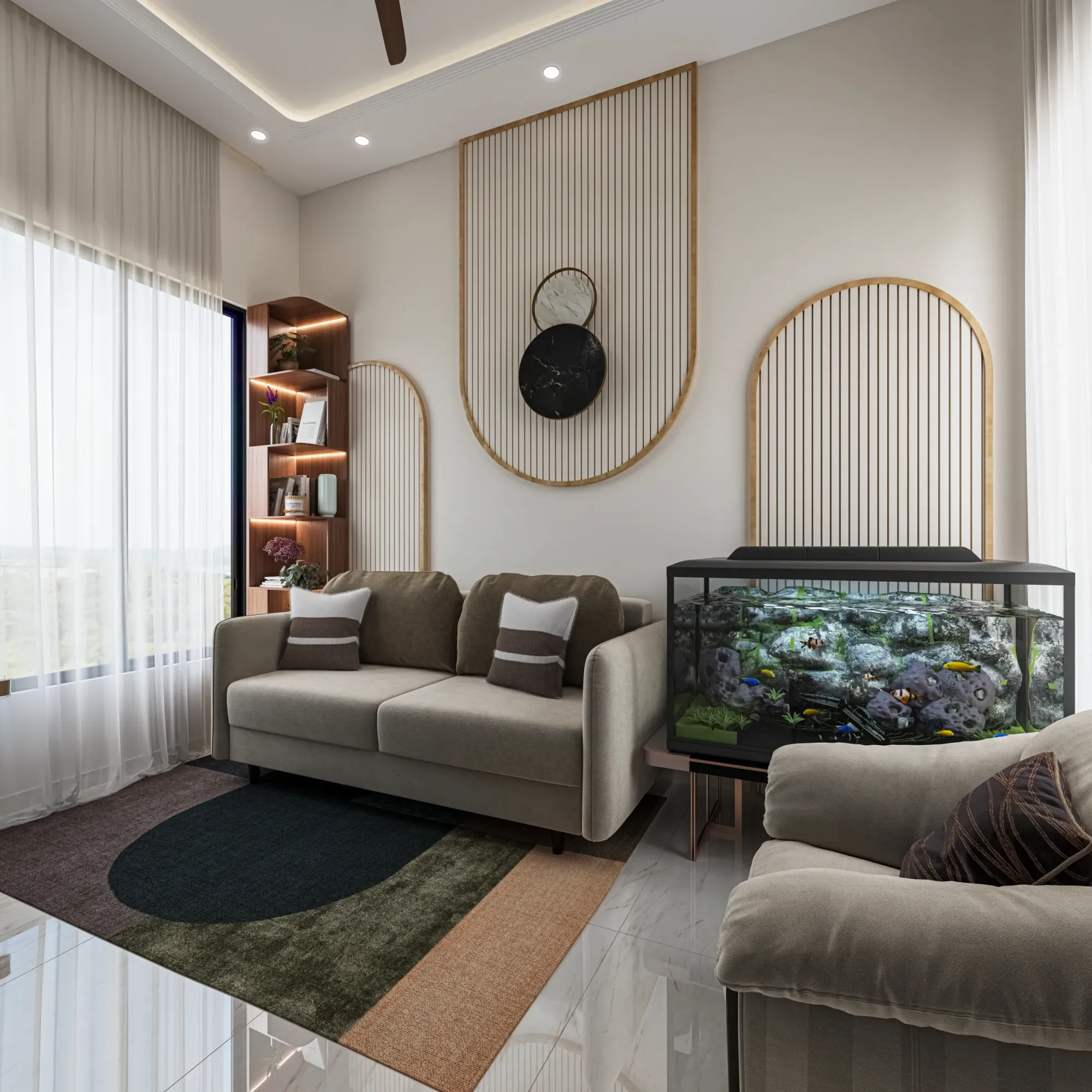Layered false ceiling and cove lighting in a full-home interior by Studio Contour, Kalyani near Kolkata
