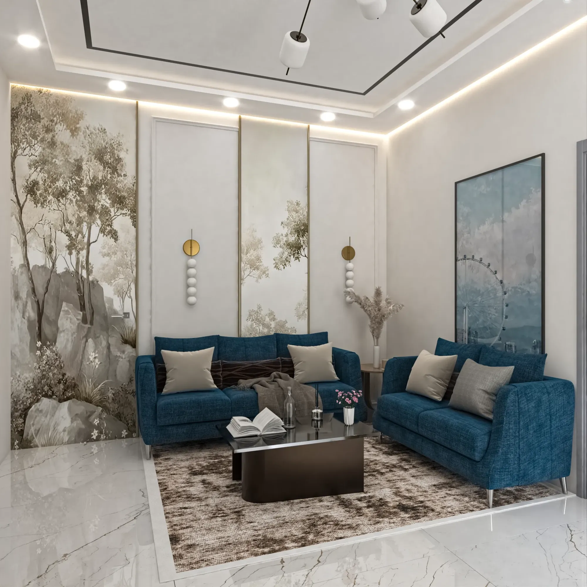 Luxe marble-and-gold drawing room interior by Studio Contour, Kolkata