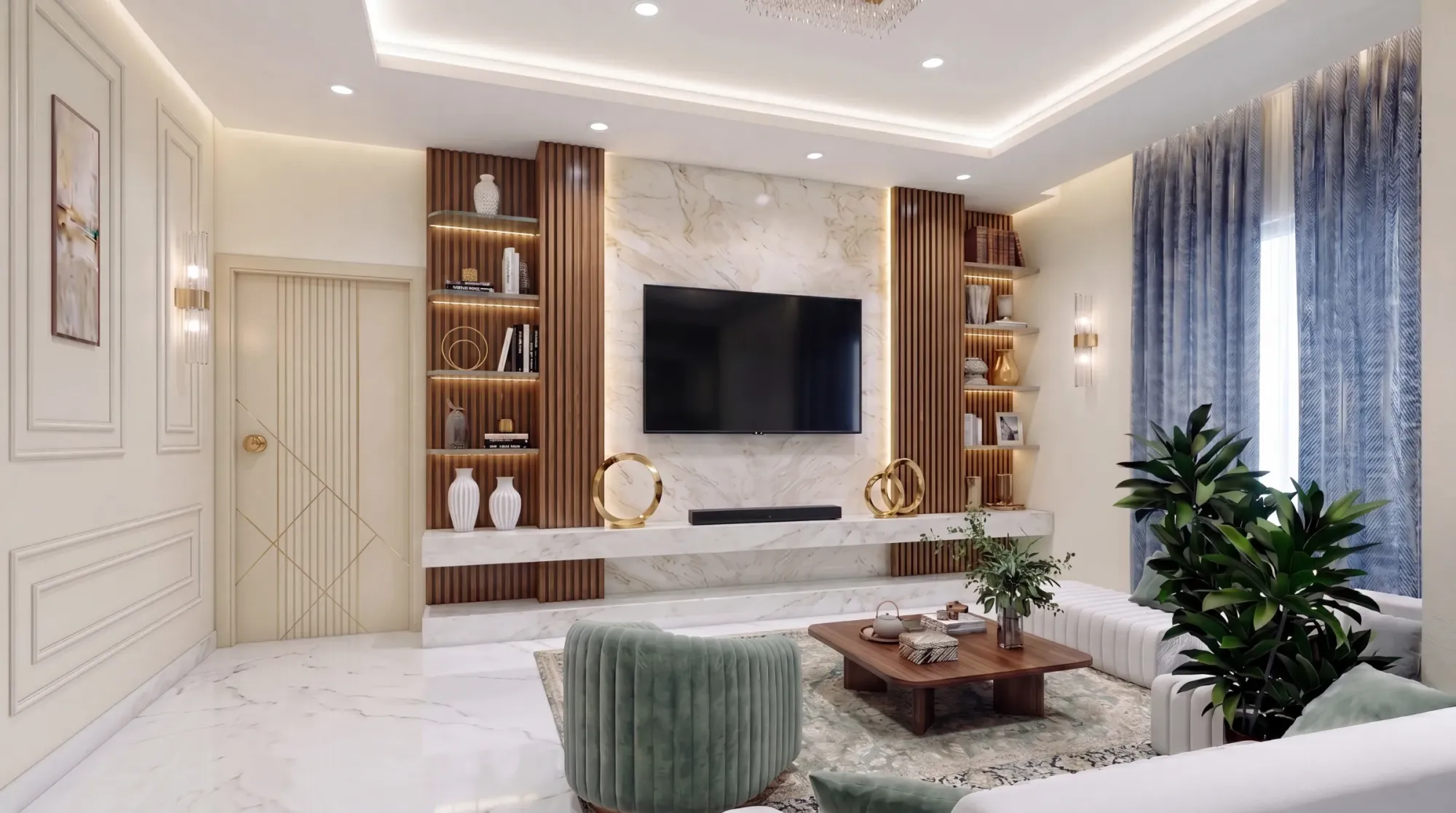 Marble-and-walnut drawing room with bespoke joinery by Studio Contour, Kolkata