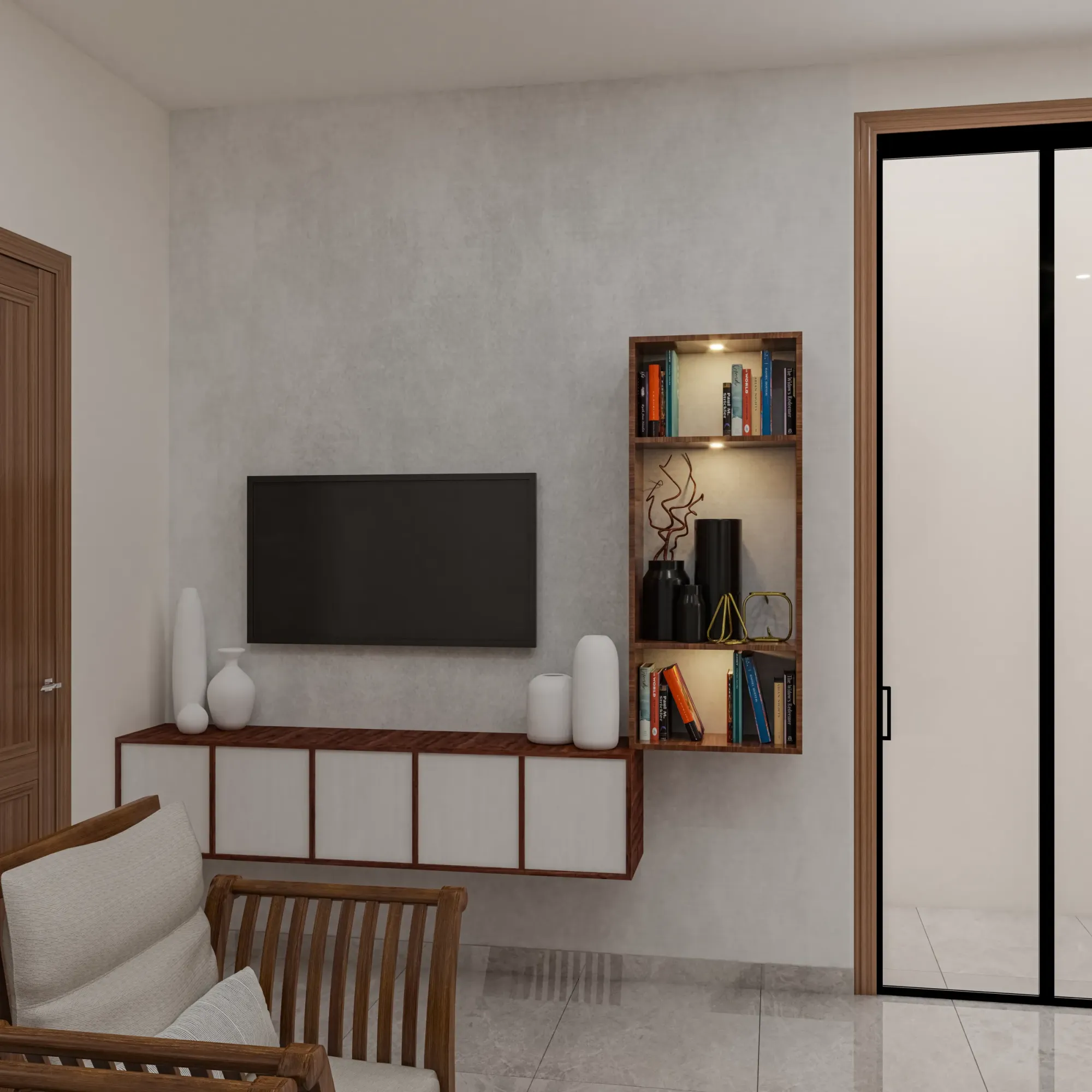 Custom TV unit and media wall built by Studio Contour, Kolkata