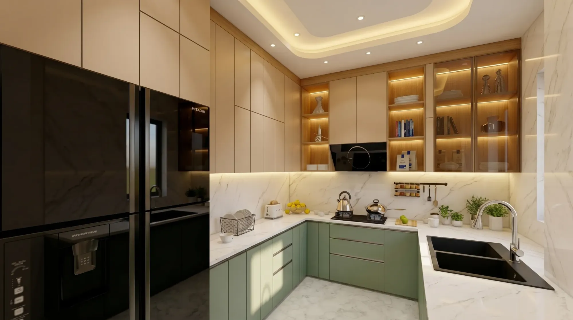 Warm wood-toned modular kitchen by Studio Contour, Kolkata